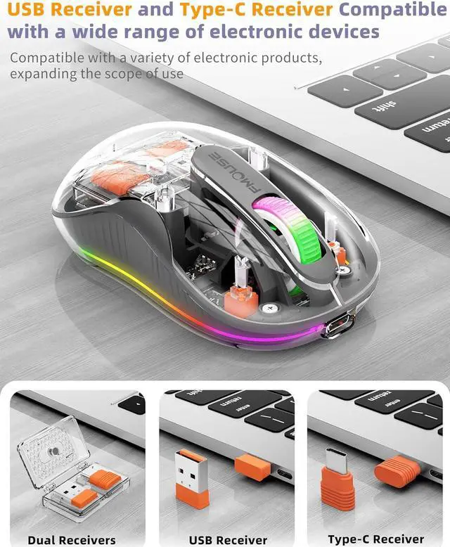 Alt view image 3 of 7 - Bluetooth Wireless Mouse, Computer Mouse for Laptop/Desktop PC, Silent Mouse with RGB Lights, 5.1 Bluetooth Mouse, Dual Bluetooth + USB & Type-C 2.4G 2400 DPI, Transparent Mouse for Home Office
