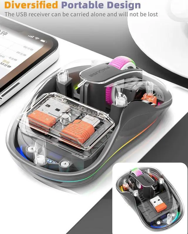 Alt view image 6 of 7 - Bluetooth Wireless Mouse, Computer Mouse for Laptop/Desktop PC, Silent Mouse with RGB Lights, 5.1 Bluetooth Mouse, Dual Bluetooth + USB & Type-C 2.4G 2400 DPI, Transparent Mouse for Home Office