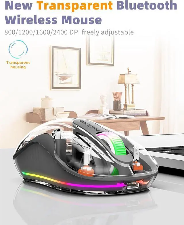 Alt view image 7 of 7 - Bluetooth Wireless Mouse, Computer Mouse for Laptop/Desktop PC, Silent Mouse with RGB Lights, 5.1 Bluetooth Mouse, Dual Bluetooth + USB & Type-C 2.4G 2400 DPI, Transparent Mouse for Home Office