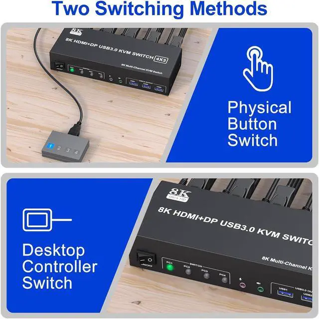 Alt view image 6 of 7 - KVM Switch 3 Monitors 4 Computers 8K@60Hz 4K@144Hz, 2 HDMI +1 DisplayPort Triple Monitor KVM Switch for 4 Computer with Audio and 3 USB 3.0 Ports, USB 3.0 KVM Triple Monitor Keyboard Mouse Switcher