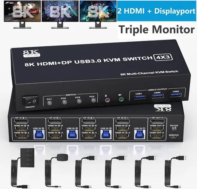 Main image of KVM Switch 3 Monitors 4 Computers 8K@60Hz 4K@144Hz, 2 HDMI +1 DisplayPort Triple Monitor KVM Switch for 4 Computer with Audio and 3 USB 3.0 Ports, USB 3.0 KVM Triple Monitor Keyboard Mouse Switcher