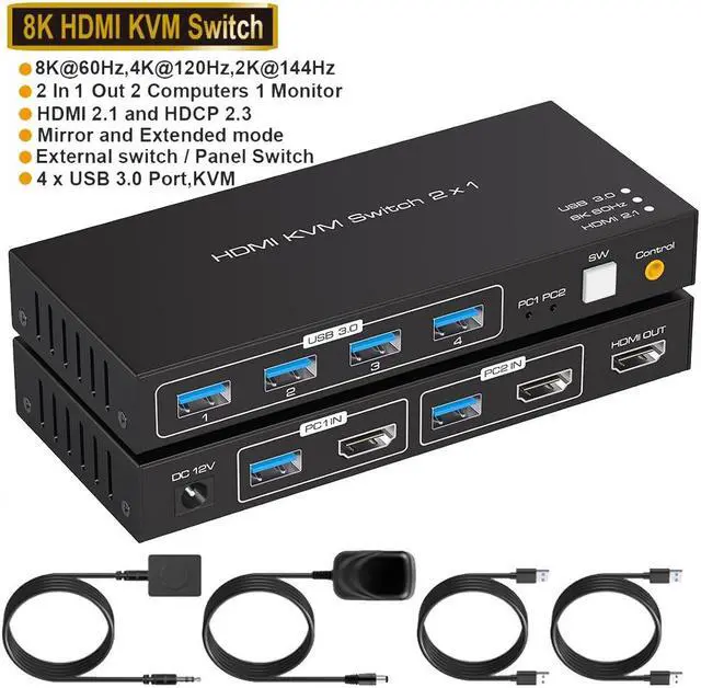 Main image of 8K@60Hz USB 3.0 HDMI KVM Switch, 2 port 4K@120Hz HDMI KVM Switcher for 2 computers share 1 monitor and one set of Keyboard Mouse webcame and hard disk, wired controller and 12V/1A DC power included