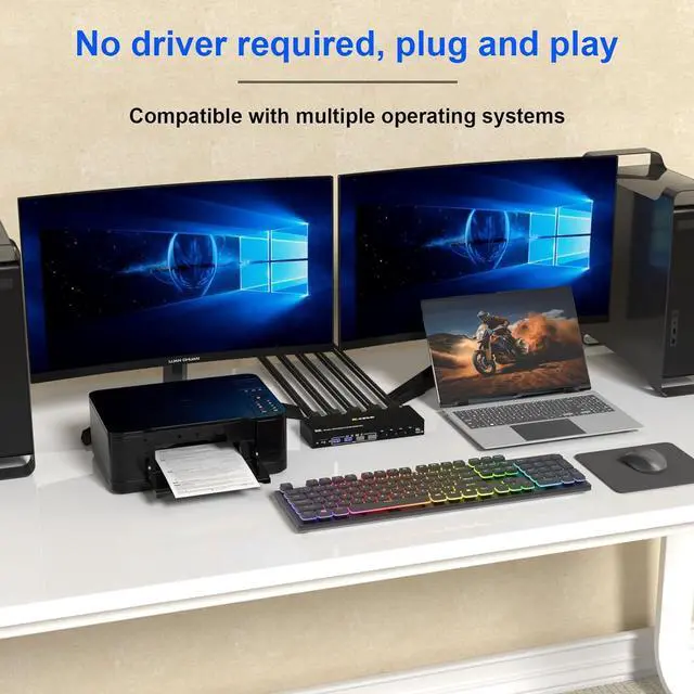 Alt view image 6 of 7 - DisplayPort KVM Switch 4 PC 2 Monitors 8K@30Hz 4K@144Hz, Dual Monitor DP1.4 Displayport KVM Switch DP Monitor Switch with 4 USB 3.0 Ports for 4 PC/Laptops, with DP+USB Cable and Desktop Controller