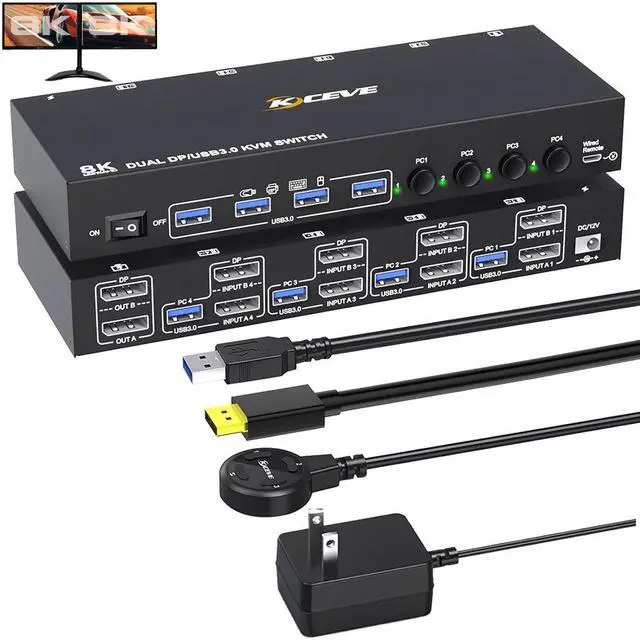 Main image of DisplayPort KVM Switch 4 PC 2 Monitors 8K@30Hz 4K@144Hz, Dual Monitor DP1.4 Displayport KVM Switch DP Monitor Switch with 4 USB 3.0 Ports for 4 PC/Laptops, with DP+USB Cable and Desktop Controller