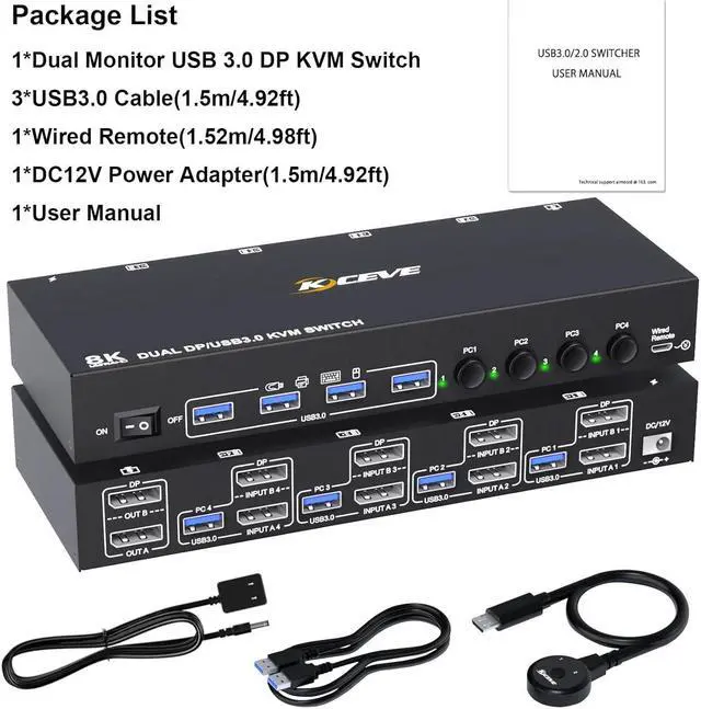 Alt view image 7 of 7 - DisplayPort KVM Switch 4 PC 2 Monitors 8K@30Hz 4K@144Hz, Dual Monitor DP1.4 Displayport KVM Switch DP Monitor Switch with 4 USB 3.0 Ports for 4 PC/Laptops, with DP+USB Cable and Desktop Controller