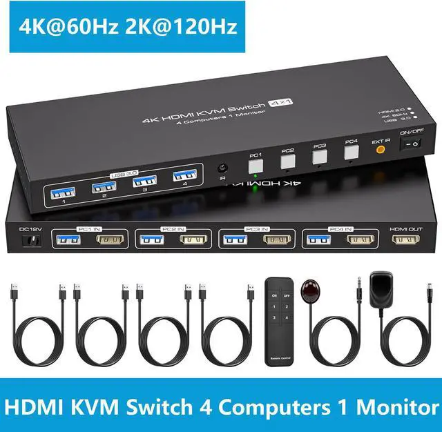 Main image of HDMI KVM Switch for 4 Computers 1 Monitor 4K@60Hz 2K@120Hz, 4 Port HDMI KVM Switches For 4 PCs Share 4 USB Devices Like Keyboard Mouse Printer etc. With Remote Controller & USB Cables, Power Adapter