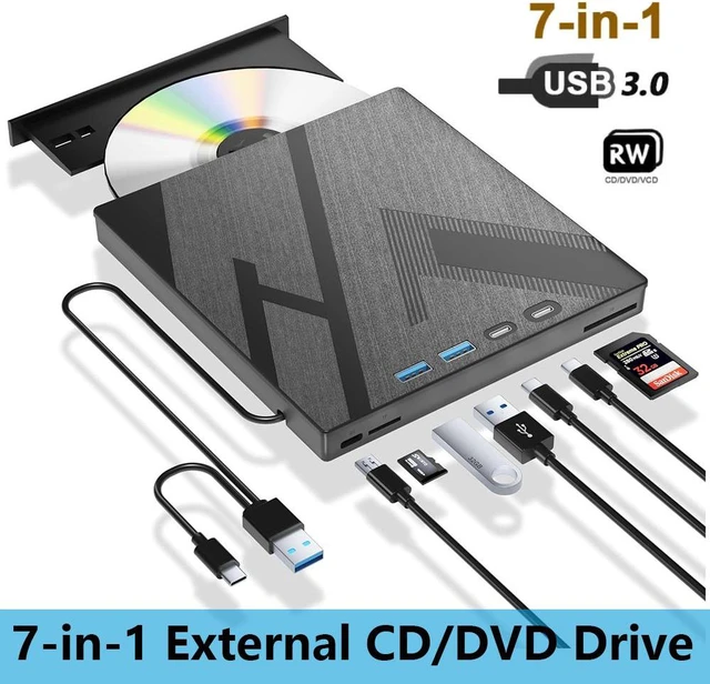 Main image of 7-in-1 External CD DVD Drive, USB 3.0 Type C Optical External DVD Drive Burner with SD/TF Solt & 2 USB C & 2 USB 3.0, Portable RW Burner, External DVD Drive Compatible with Windows XP/7/8/10/11 MacOS