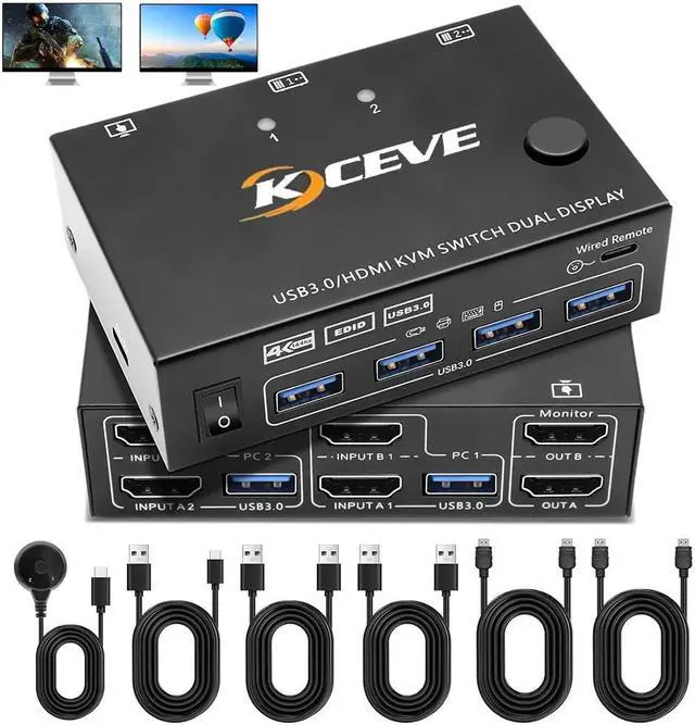 Main image of Dual Monitor HDMI KVM Switch 4K@60Hz Simulation EDID, 2 Port HDMI USB 3.0 KVM Switch for 2 Monitors 2 Computers,Support Copy and Extended Display, with HDMI and USB 3.0 Cables & Wired Controller