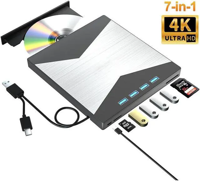 Main image of 7-in-1 External Blu Ray Drive, 4K Portable Blu Ray Burner USB 3.0 Type-C BD Player with SD/TF Port, CD/DVD Burner R/W 3D BluRay Drive, External 4K Blu Ray Drive Compatible with Windows MacOS Laptop PC
