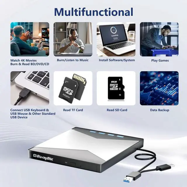Alt view image 6 of 7 - 7-in-1 External Blu Ray Drive, 4K Portable Blu Ray Burner USB 3.0 Type-C BD Player with SD/TF Port, CD/DVD Burner R/W 3D BluRay Drive, External 4K Blu Ray Drive Compatible with Windows MacOS Laptop PC