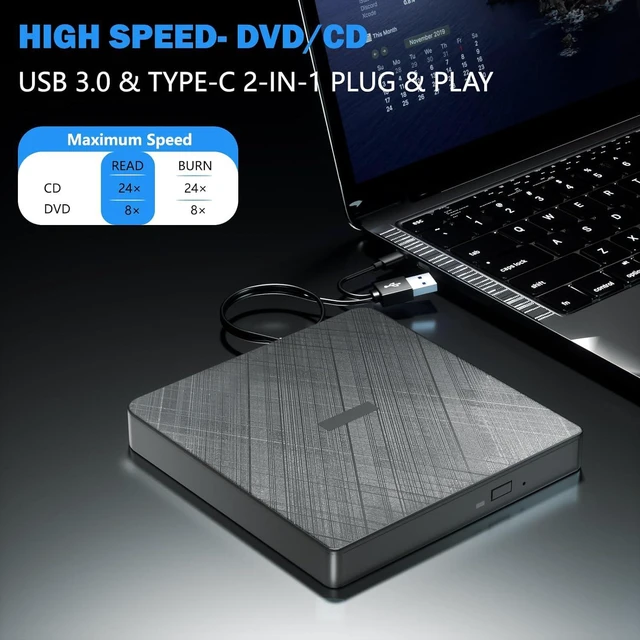 Alt view image 2 of 7 - External CD DVD Drive, USB 3.0 & Type-C Portable CD DVD Burner +/-RW DVD Player for Laptop, External CD/DVD Drive for Laptop, Desktop, External Optical Drive Compatible with Windows 7/8/10/XP Linux OS