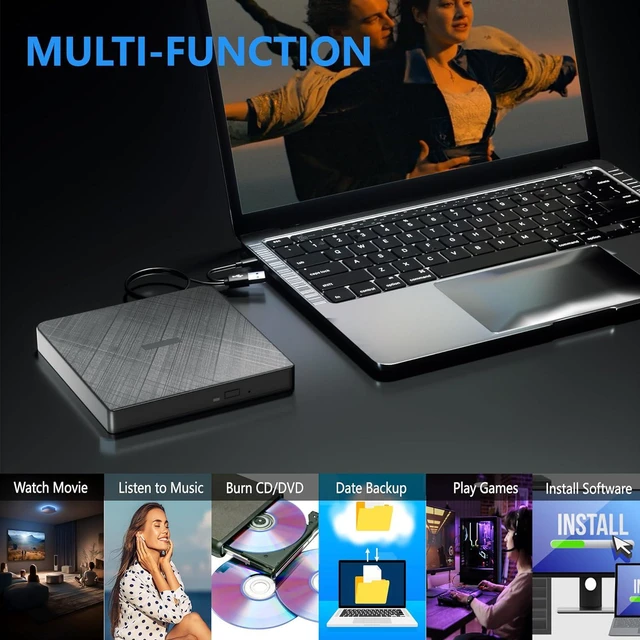 Alt view image 5 of 7 - External CD DVD Drive, USB 3.0 & Type-C Portable CD DVD Burner +/-RW DVD Player for Laptop, External CD/DVD Drive for Laptop, Desktop, External Optical Drive Compatible with Windows 7/8/10/XP Linux OS