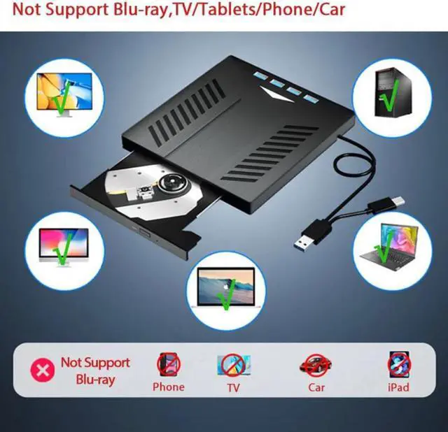 Alt view image 4 of 7 - External CD DVD Drive [7-in-1], USB 3.0 Type-C External CD DVD +/-RW Optical Drive, Ultra-Slim External CD/DVD Drive with 4 USB Ports and SD/TF Slots, Compatible with Laptop PC Linux Windows MacOS