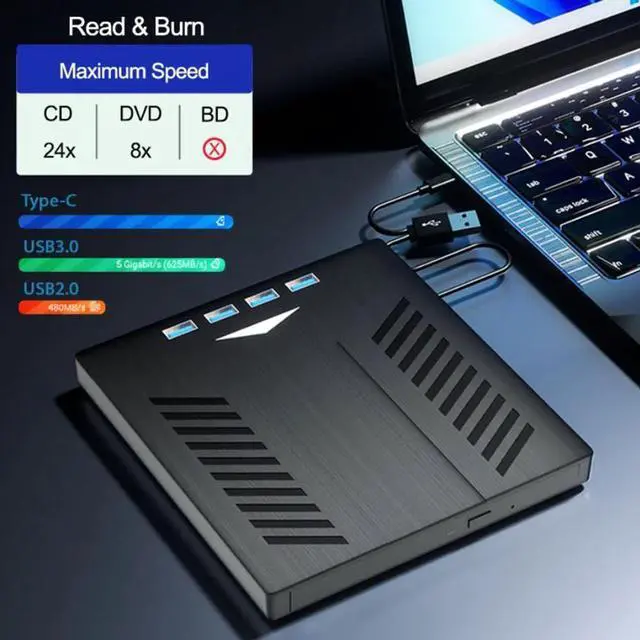 Alt view image 2 of 7 - External CD DVD Drive [7-in-1], USB 3.0 Type-C External CD DVD +/-RW Optical Drive, Ultra-Slim External CD/DVD Drive with 4 USB Ports and SD/TF Slots, Compatible with Laptop PC Linux Windows MacOS