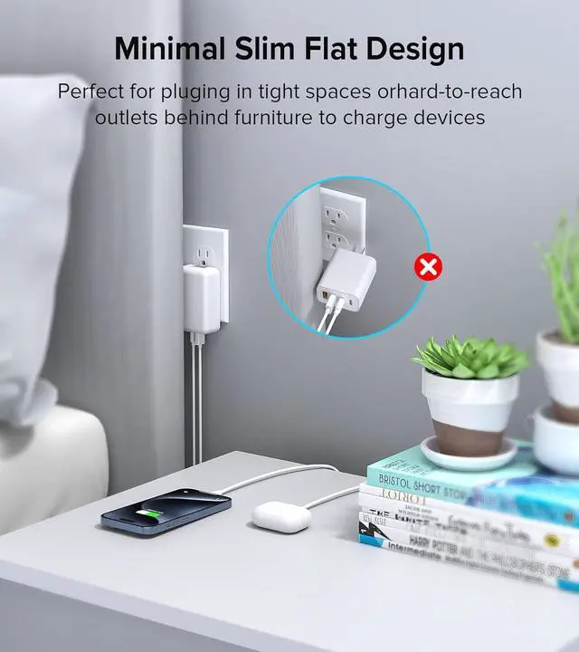 Alt view image 6 of 7 - [2 Pack] Flat USB C Charger, 40W 4-Port PD3.0 Slim Type C Fast Charging Block with Foldable Plug Double USB C & USB A Port Power Adapter for i-P-hone 15/14 Pro Max Plus Mini, Android Phones, Tablet PC