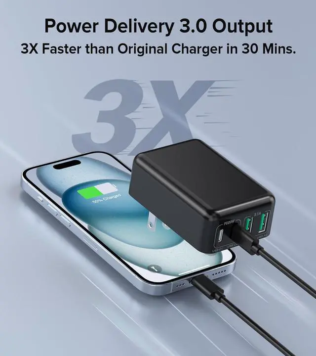 Alt view image 2 of 7 - [2 Pack] Flat USB C Charger, 40W 4-Port PD3.0 Slim Type C Fast Charging Block with Foldable Plug Double USB C & USB A Port Power Adapter for i-P-hone 15/14 Pro Max Plus Mini, Android Phones, Tablet PC