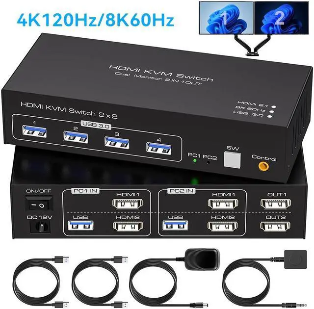 Main image of 8K@60Hz HDMI Dual Monitor KVM Switch 2 Monitors 2 Computers 4K@120Hz, USB 3.0 Extended Display KVM switcher with 4 USB 3.0 Ports, HDMI KVM Switch Wired Controller 12V DC Adapter 2 USB Cables Included