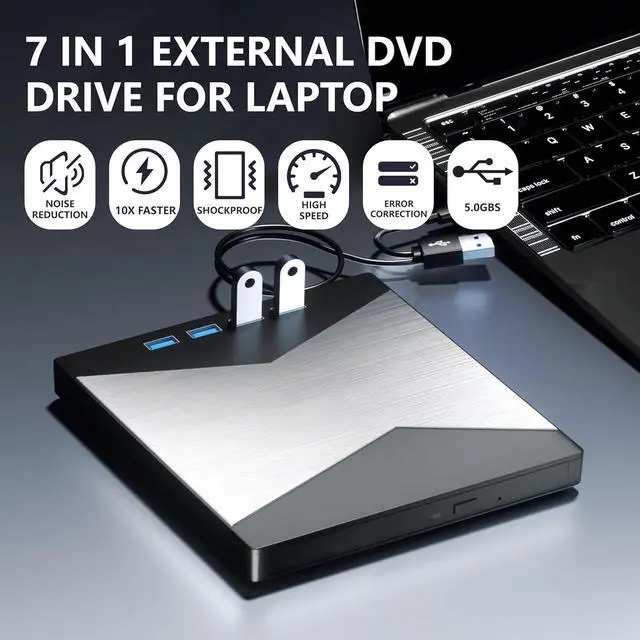 Alt view image 3 of 7 - AUTYUE 7 in 1 External DVD CD Drive, Portable DVD Player for Laptop USB 3.0 & Type-C, CD/DVD +/-RW Disk Drive, CD/DVD Burner CD ROM External Drive for Laptop Desktop PC Windows 7/8/10/XP Linux MacOS