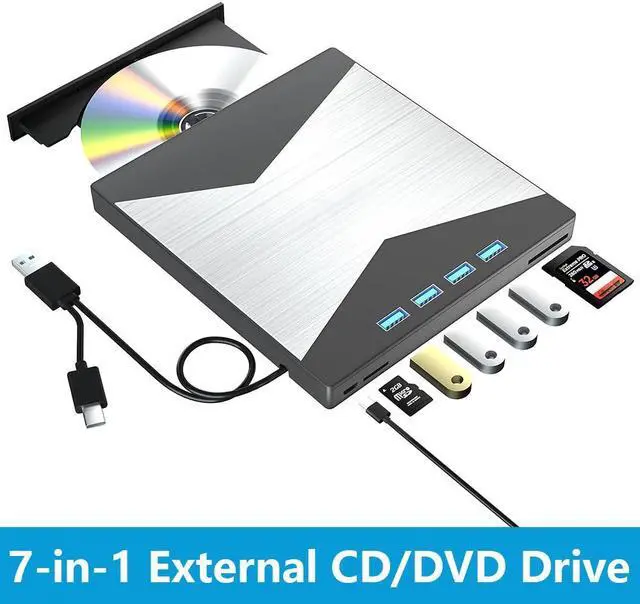 Main image of AUTYUE 7 in 1 External DVD CD Drive, Portable DVD Player for Laptop USB 3.0 & Type-C, CD/DVD +/-RW Disk Drive, CD/DVD Burner CD ROM External Drive for Laptop Desktop PC Windows 7/8/10/XP Linux MacOS