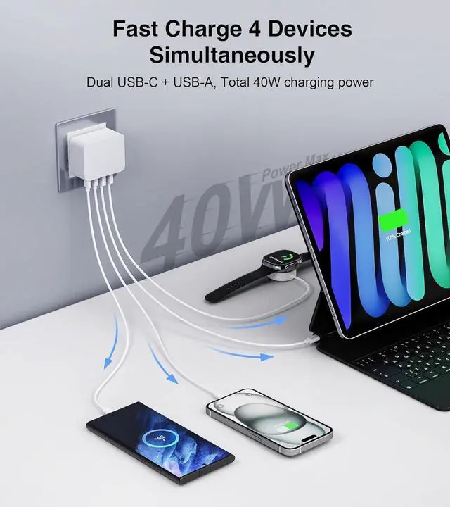 Alt view image 2 of 7 - AUTYUE [2-Pack] USB C Charger Block Thin Flat 40W 4-Port Wall Charger, Type C Fast Charger Cube, PD & QC Wall Plug Power Adapter Compatible for i-P-hone 15/15 Pro/15 Pro, Android Smartphones