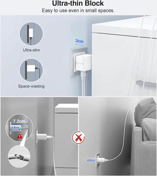 Alt view image 4 of 7 - AUTYUE [2-Pack] USB C Charger Block Thin Flat 40W 4-Port Wall Charger, Type C Fast Charger Cube, PD & QC Wall Plug Power Adapter Compatible for i-P-hone 15/15 Pro/15 Pro, Android Smartphones