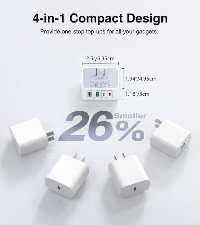 Alt view image 6 of 7 - AUTYUE [2-Pack] USB C Charger Block Thin Flat 40W 4-Port Wall Charger, Type C Fast Charger Cube, PD & QC Wall Plug Power Adapter Compatible for i-P-hone 15/15 Pro/15 Pro, Android Smartphones