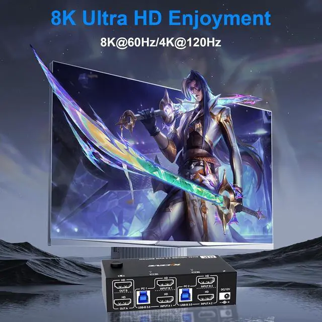 Alt view image 4 of 7 - AUTYUE Dual Monitor USB 3.0 HDMI KVM Switch 8K@60Hz/4K@120Hz, 2 in 2 Out HDMI2.1 KVM Switch for 2 Computer Share 2 Monitors and 3 USB 3.0 + 1 USB C Devices, Wired Remote and USB Cables Included
