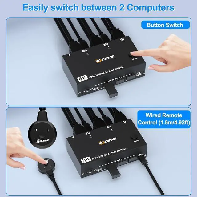 Alt view image 6 of 7 - AUTYUE Dual Monitor USB 3.0 HDMI KVM Switch 8K@60Hz/4K@120Hz, 2 in 2 Out HDMI2.1 KVM Switch for 2 Computer Share 2 Monitors and 3 USB 3.0 + 1 USB C Devices, Wired Remote and USB Cables Included