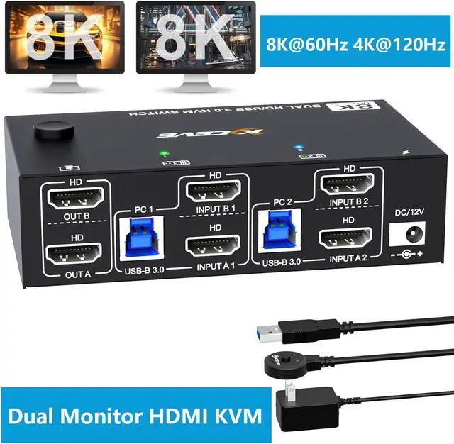 Main image of AUTYUE Dual Monitor USB 3.0 HDMI KVM Switch 8K@60Hz/4K@120Hz, 2 in 2 Out HDMI2.1 KVM Switch for 2 Computer Share 2 Monitors and 3 USB 3.0 + 1 USB C Devices, Wired Remote and USB Cables Included