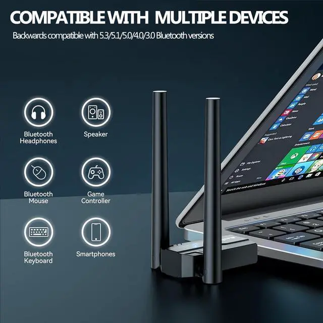 Alt view image 5 of 7 - AUTYUE USB Bluetooth Adapter 5.4 for PC, 150M Long Range USB Bluetooth Dongle BT5.4 (EDR & BLE) Bluetooth Receiver for Laptop PC Printer,Keyboard, Plug and Play Compatible with Windows 11/10/8.1