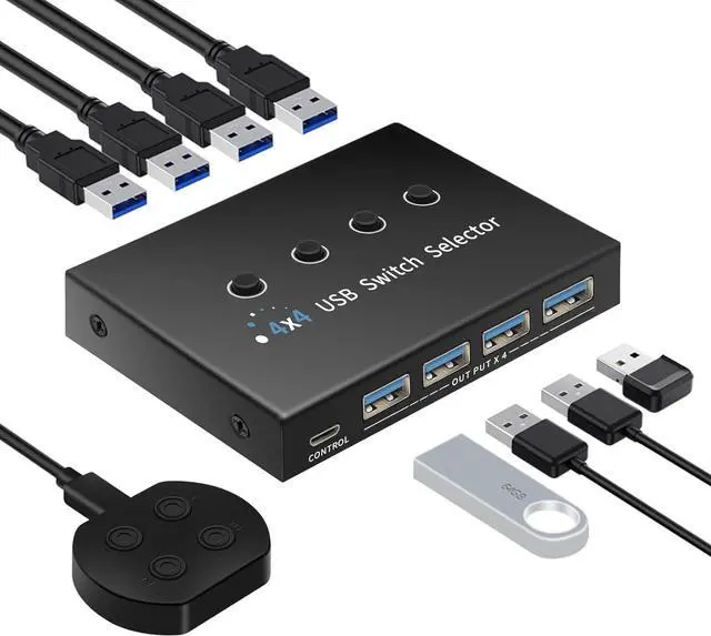 Main image of AUTYUE USB 3.0 Switch 4 Computers 3 Computers Keyboard Mouse Switch,4 Port USB Switch Selector Sharing 4 USB Devices,USB Switcher Compatible with Mac/Windows/Linux,with Desktop Controller &4 USB Cable