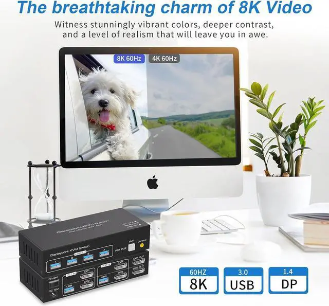 Alt view image 3 of 7 - AUTYUE [Dual Monitor] 8K@60Hz Displayport KVM Switch 2 Computers 2 Monitors 4K@120Hz USB 3.0 DP KVM Switcher 2 PC Share Keyboard Mouse Printer and Scanner Support Extended & Duplicate Mode