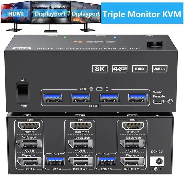 Main image of AUTYUE KVM Switch 2 Computers 3 Monitors, USB 3.0 HDMI + 2 DisplayPort 8K@30Hz/4k@144Hz Triple Monitor DP KVM Switcher for 2 Computer Share 3 Display and 4 USB 3.0 Devices, Wired Remote Included
