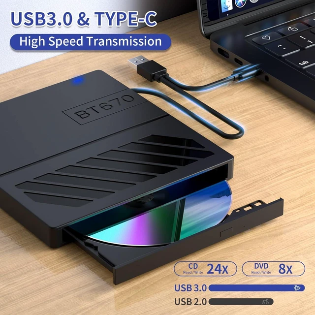 Alt view image 2 of 7 - AUTYUE External CD DVD Drive, 7-in-1 USB 3.0 CD/DVD +/-RW ROM Drive Burner Reader Writer with 4 USB Ports, Type C Port and TF/SD Card Slots, Slim Portable DVD Player for Laptop PC Windows Linux MacOS