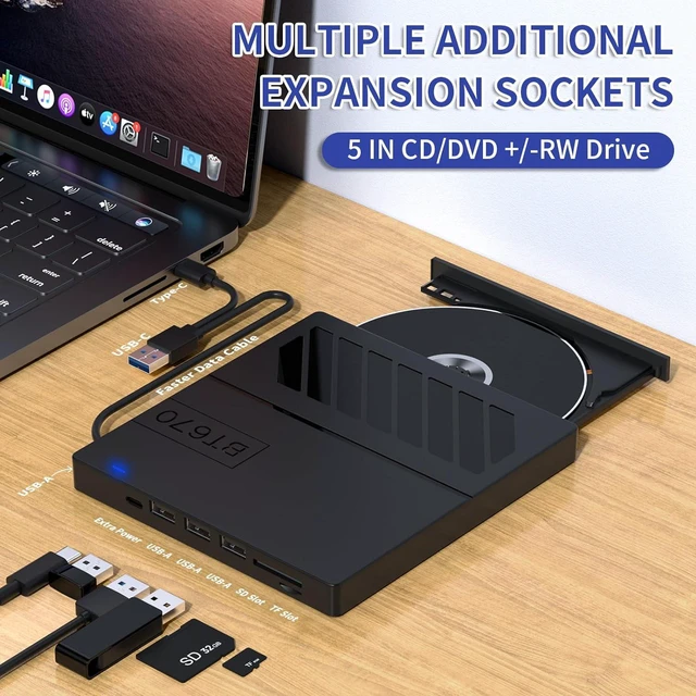 Alt view image 3 of 7 - AUTYUE External CD DVD Drive, 7-in-1 USB 3.0 CD/DVD +/-RW ROM Drive Burner Reader Writer with 4 USB Ports, Type C Port and TF/SD Card Slots, Slim Portable DVD Player for Laptop PC Windows Linux MacOS