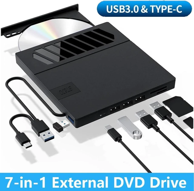 Main image of AUTYUE External CD DVD Drive, 7-in-1 USB 3.0 CD/DVD +/-RW ROM Drive Burner Reader Writer with 4 USB Ports, Type C Port and TF/SD Card Slots, Slim Portable DVD Player for Laptop PC Windows Linux MacOS
