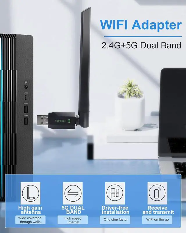 Alt view image 2 of 7 - AUTYUE AC650 WiFi Adapter, 650Mbps WLAN Wireless Adapter for PC, Dual Band WiFi Adapter, WLAN Wireless USB WiFi Adapter 2.4GHz/ 5GHz for PC/Desktop/Laptop, Compatible with Windows XP/Vista/7/8/10/11