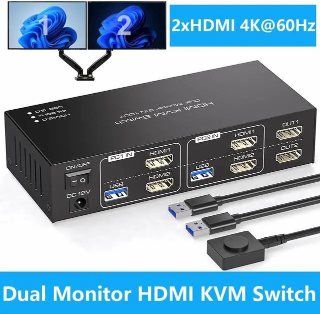 Main image of AUTYUE KVM Switch 2 Computers 2 Monitors, HDMI Dual Monitor Switcher 4K 60Hz 2 in 2 Out, USB 3.0 KVM Switch 2 Computers Share 1 Set of Keyboard Mouse Printer and Scanner Support Extended & Mirro Mode