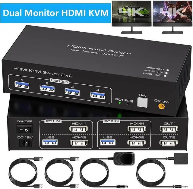 Main image of AUTYUE USB 3.0 HDMI KVM Switch 2 Monitors 2 Computers 4K@60Hz 2 Port HDMI KVM Swticher for 2 PC Share Dual monitor and 4 USB Devices Support Extended/Copy Mode Wired Controller 2 USB Cables Included