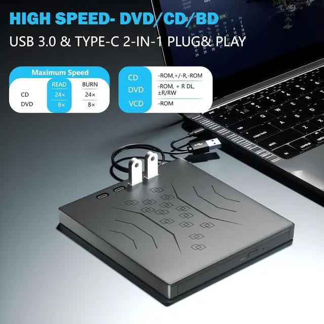 Alt view image 4 of 7 - AUTYUE [7 in 1] External DVD Drive, USB 3.0 & Type-C External CD/DVD Drive, Portable CD/DVD +/-RW Disk Drive, CD/DVD Burner CD ROM External Drive for Laptop Desktop PC Windows 7/8/10/XP Mac Linux