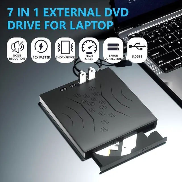 Alt view image 3 of 7 - AUTYUE [7 in 1] External DVD Drive, USB 3.0 & Type-C External CD/DVD Drive, Portable CD/DVD +/-RW Disk Drive, CD/DVD Burner CD ROM External Drive for Laptop Desktop PC Windows 7/8/10/XP Mac Linux