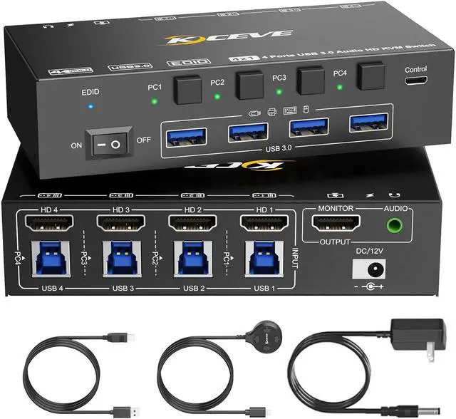 Main image of AUTYUE 4 Port HDMI KVM Switch 8K@60Hz, KVM Switch 4 PC 1 Monitors 4K@120Hz EDID Simulation, with Audio & 4 USB 3.0 ports for Keyboards, Mouse, With Power adapter, 4 USB 3.0 cable and Wired Remote