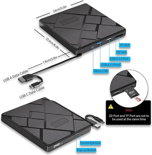 Alt view image 3 of 7 - AUTYUE 5 in 1 External CD/DVD Drive for Laptop, USB 3.0 & Type C Portable DVD Write CD Burner RW ROM Optical Drive Player Reader Disk with 2 USB Ports and 2 TF/SD Card Slots for Windows, Linux, Mac OS