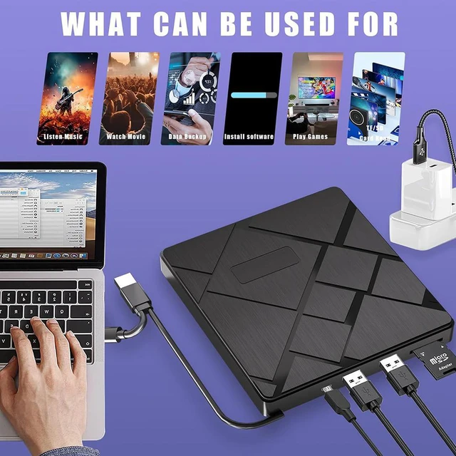 Alt view image 2 of 7 - AUTYUE 5 in 1 External CD/DVD Drive for Laptop, USB 3.0 & Type C Portable DVD Write CD Burner RW ROM Optical Drive Player Reader Disk with 2 USB Ports and 2 TF/SD Card Slots for Windows, Linux, Mac OS