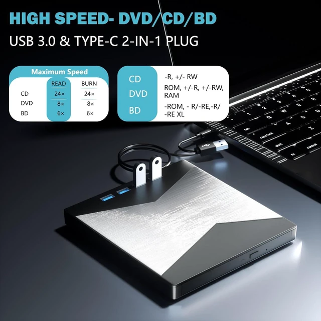 Alt view image 2 of 7 - AUTYUE External Blu Ray Drive, 7 in 1 Portable Blu Ray Burner USB 3.0 Type-C UHD BD Player with SD/TF Port, CD/DVD Burner R/W 3D Blu Ray Drive, External 4K Blu Ray Drive Compatible with Windows Mac OS
