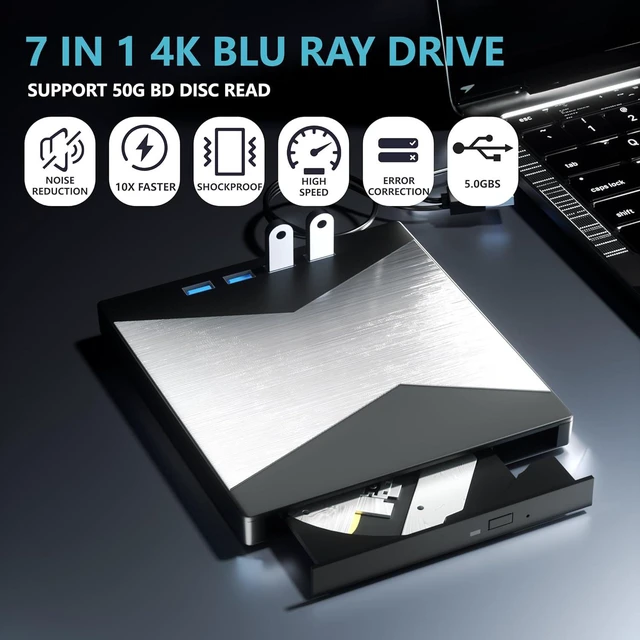 Alt view image 4 of 7 - AUTYUE External Blu Ray Drive, 7 in 1 Portable Blu Ray Burner USB 3.0 Type-C UHD BD Player with SD/TF Port, CD/DVD Burner R/W 3D Blu Ray Drive, External 4K Blu Ray Drive Compatible with Windows Mac OS