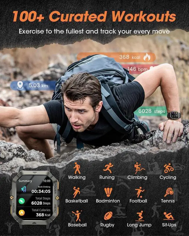 Alt view image 3 of 6 - AUTYUE Military Smart Watch for Men (Answer/Make Calls), Bluetooth Tactical Smartwatch for Android and iPhone, Waterproof Rugged Fitness Tracker with Blood Pressure/Heart Rate/SpO2/Sleep, (Black)