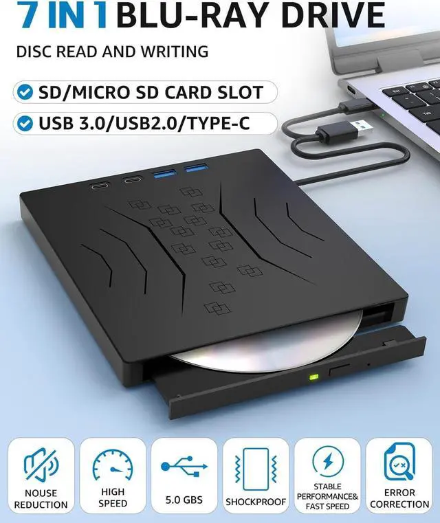 Alt view image 2 of 7 - AUTYUE [7 in 1] DVD External Blu-ray Drive, USB 3.0 Type-C External Bluray DVD Drive Burner with SD/TF Port - Support Disc R/W - External Disc Drive Compatible with Windows XP/7/8/10/11, Linux, MacOS