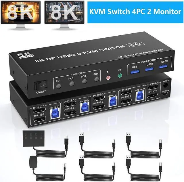 Main image of AUTYUE USB 3.0 Displayport KVM Switch 2 Monitors 4 Computers, 8K@60Hz Dual Monitor KVM Switch 4 in 2 Out with Audio Output and 3 USB3.0 Ports, 4 Port Displayport Dual Monitor KVM Switch for 4 Computer