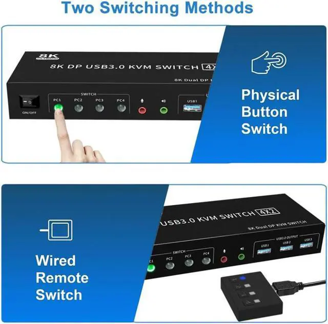 Alt view image 6 of 7 - AUTYUE USB 3.0 Displayport KVM Switch 2 Monitors 4 Computers, 8K@60Hz Dual Monitor KVM Switch 4 in 2 Out with Audio Output and 3 USB3.0 Ports, 4 Port Displayport Dual Monitor KVM Switch for 4 Computer